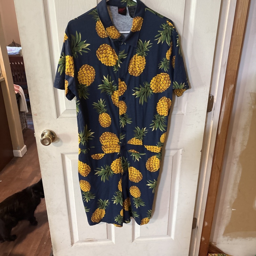 Mad Engine Pineapple Print Romper Blue Button Front Woman's L Fisherman Beach
